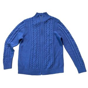 LL Bean full zip cable knit mock neck sweater blue L large vintage